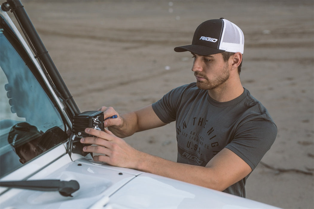 Rigid Industries 1029 RIGID Retro Trucker Hat With Offset Logo; Black Front; White Mesh Snapback - Truck Part Superstore