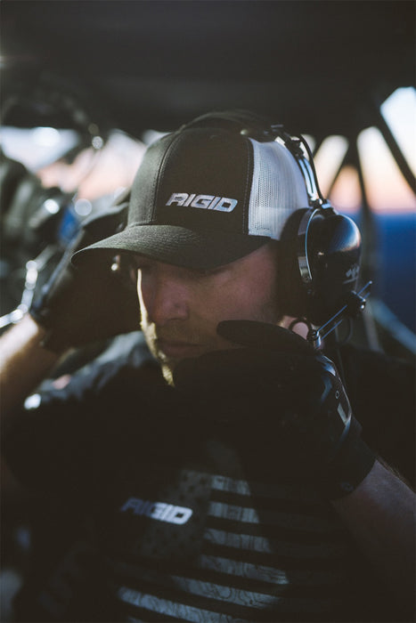 Rigid Industries 1029 RIGID Retro Trucker Hat With Offset Logo; Black Front; White Mesh Snapback - Truck Part Superstore