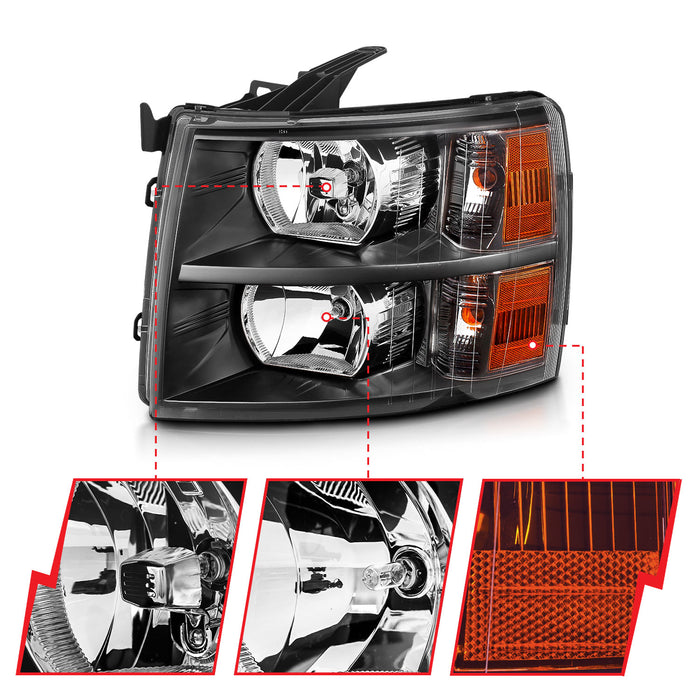 Anzo USA 111393 Crystal Headlight Set; Clear Lens; Black Housing; White/Amber; - Truck Part Superstore