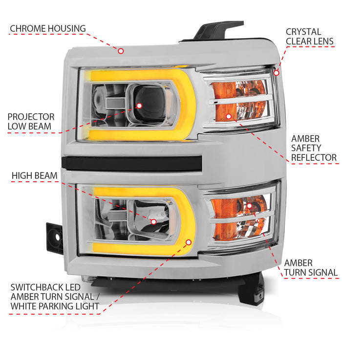 Anzo USA 111413 Projector Headlight Set; w/Plank Style Switchback; Chrome w/Amber; Pair; - Truck Part Superstore