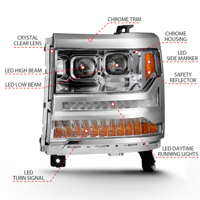 ANZO USA 111421 LED Projector Headlights w/ Plank Style Chrome w/ Amber - Truck Part Superstore