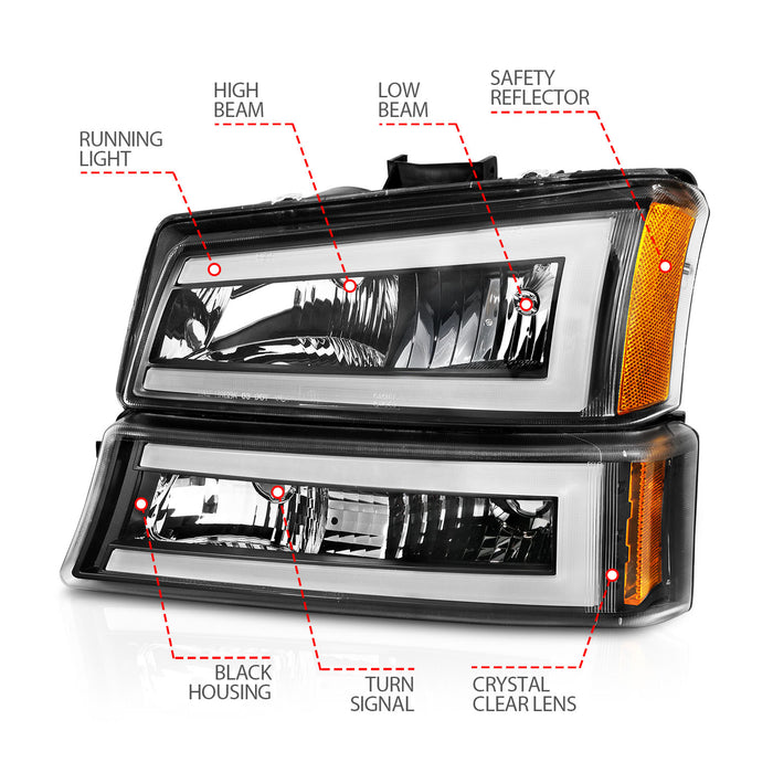 Anzo USA 111501 Crystal Headlight Set; Black Housing; Pair; w/Light Bar; - Truck Part Superstore