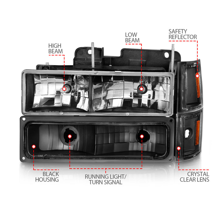 Anzo USA 111505 Crystal Headlight Set; Black Housing; w/Signal & Side Markers; 8 PCS; Set; - Truck Part Superstore