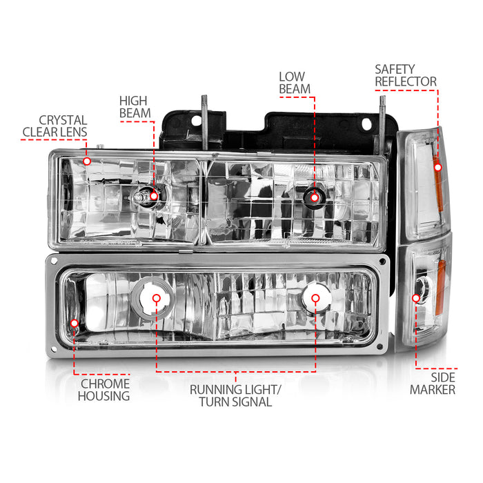 Anzo USA 111506 Crystal Headlight Set; Chrome Housing; w/Signal & Side Markers; 8 PCS; Pair; - Truck Part Superstore