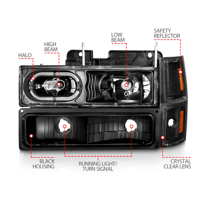 Anzo USA 111507 Crystal Headlight Set; Black Housing; w/Signal & Side Markers; 8 PCS; Pair; - Truck Part Superstore