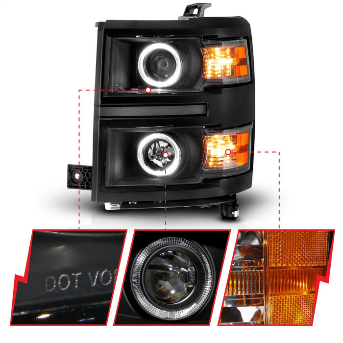 Anzo USA 111583 Projector Headlight Set w/Halo; Clear Lens; Black Housing; w/Black Trim; Pair; - Truck Part Superstore
