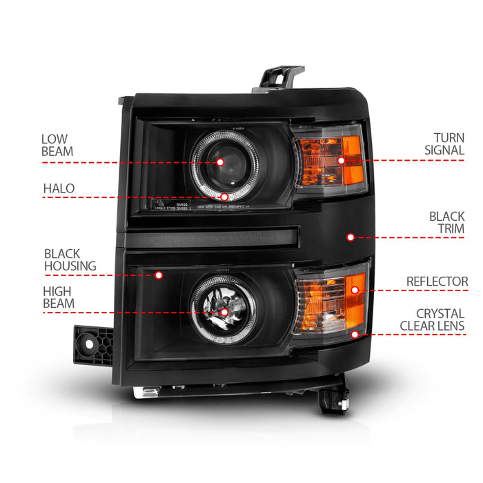 Anzo USA 111583 Projector Headlight Set w/Halo; Clear Lens; Black Housing; w/Black Trim; Pair; - Truck Part Superstore