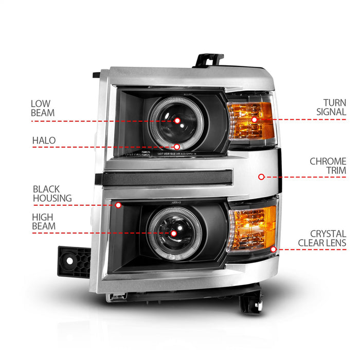 Anzo USA 111585 Projector Headlight Set w/Halo; Clear Lens; Black Housing; w/Chrome Trim; Pair; - Truck Part Superstore