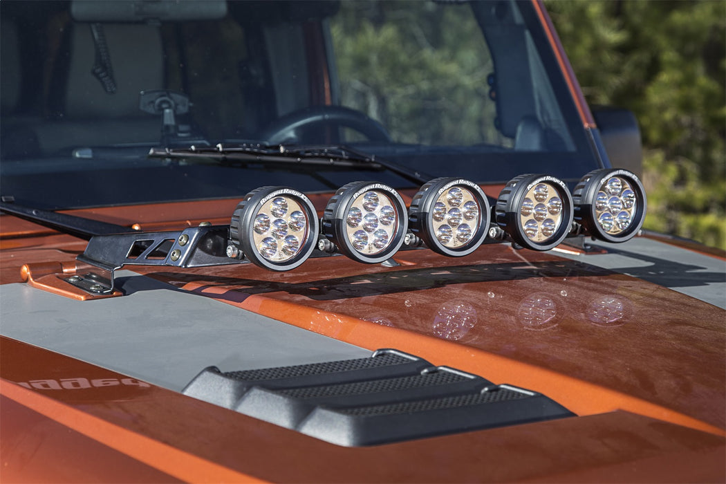 Rugged Ridge 11232.07 Hood Light Bar Kit; Incl. Five 3.50 in. Round LED Light; - Truck Part Superstore