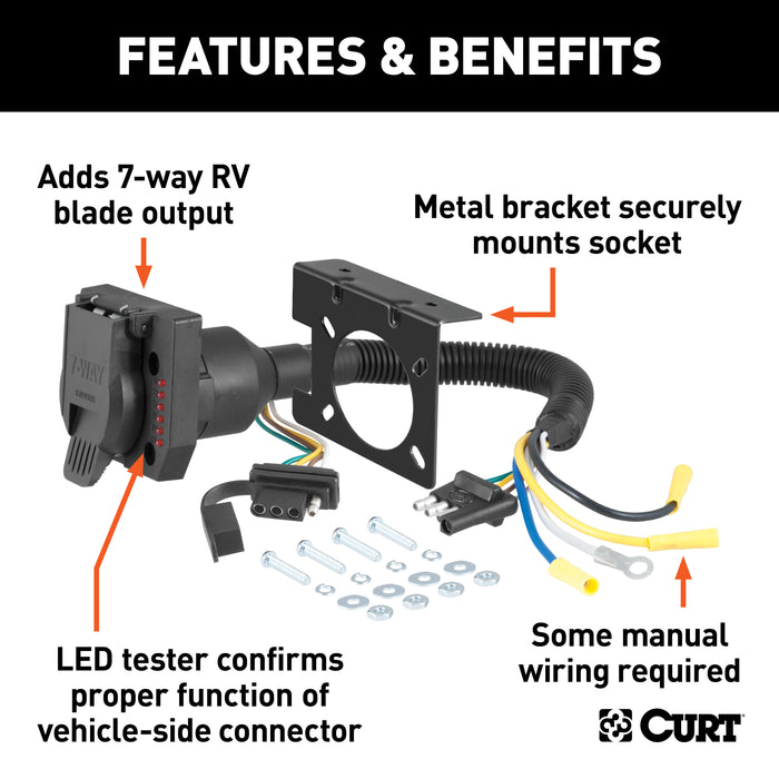 CURT 57674 Dual-Output Electrical Adapter with Tester (Adds 7-Way RV Blade to 4-Way Flat) - Truck Part Superstore