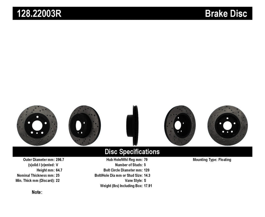 StopTech 128.22003R StopTech Sport Cross Drilled Brake Rotor; Front Right - Truck Part Superstore
