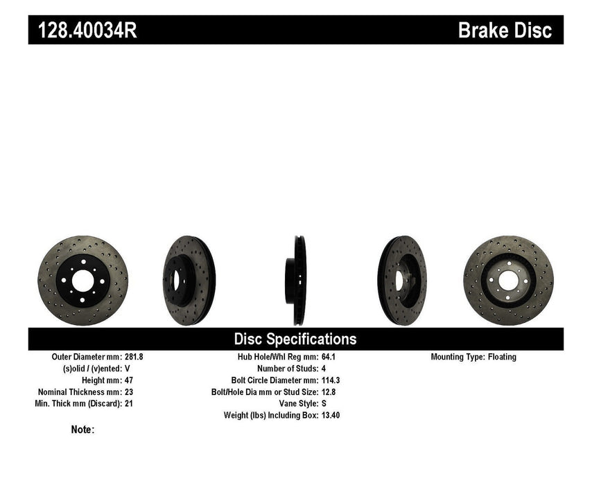 StopTech 128.40034R StopTech Sport Cross Drilled Brake Rotor; Front Right - Truck Part Superstore