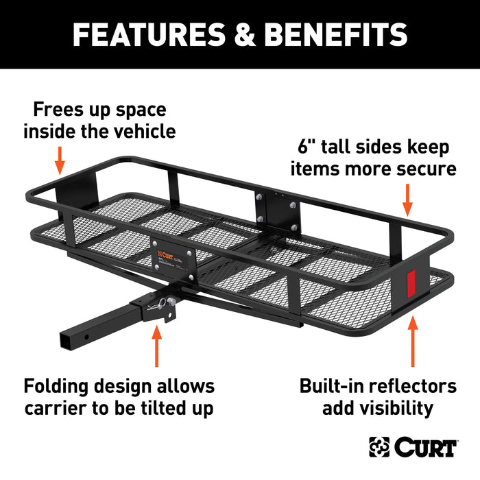 CURT 18151 60in. x 20in. Black Steel Basket Cargo Carrier (Folding 2in. Shank; 500 lbs.) - Truck Part Superstore
