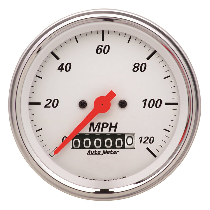 AutoMeter 1379 GAUGE; SPEEDOMETER; 3 3/8in.; 120MPH; ELEC. PROG. W/WHEEL ODO; ARCTIC WHITE - Truck Part Superstore