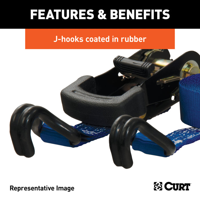 CURT 83025 16ft. Orange Cargo Strap with J-Hooks (1;100 lbs.) - Truck Part Superstore