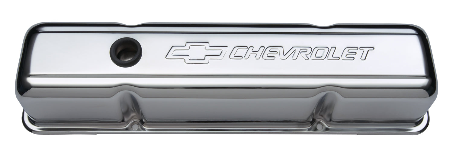 Chevrolet Performance Parts 141-101 Engine Valve Covers Stamped Steel Tall Chrome No Baffle w/ Bowtie Logo Fits SB Chevy Embossed Chevrolet & Bowtie Logos Chevrolet Performance Parts - Truck Part Superstore