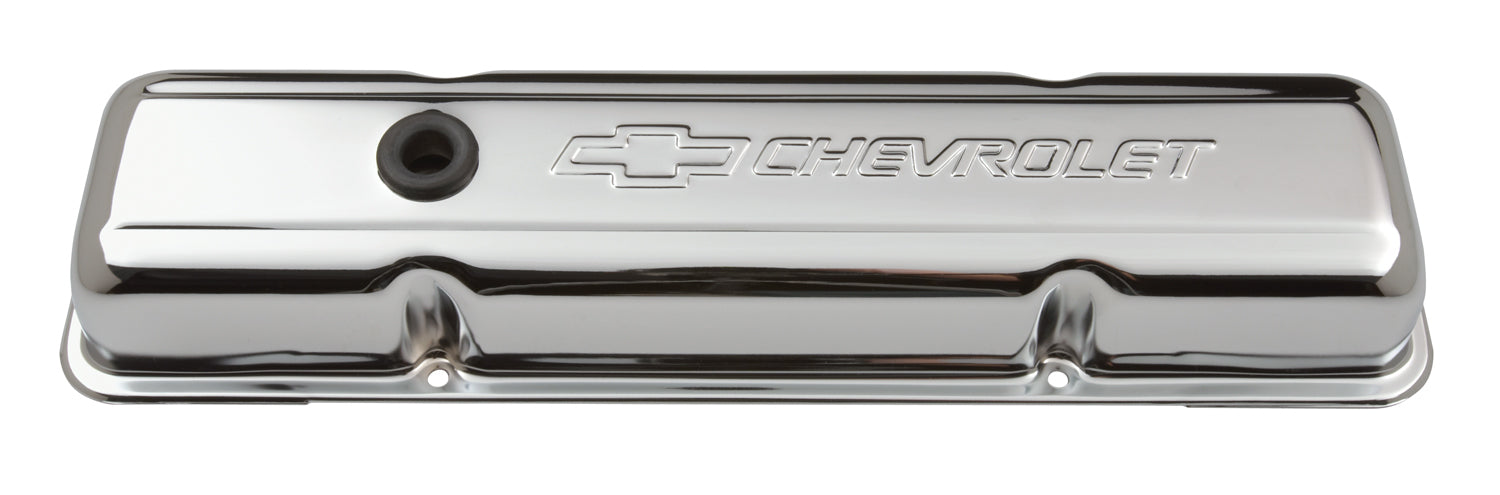 Chevrolet Performance Parts 141-102 Engine Valve Covers Stamped Steel Short Chrome w/ Bowtie Logo Fits SB Chevy Embossed Chevrolet & Bowtie Logos Chevrolet Performance Parts - Truck Part Superstore
