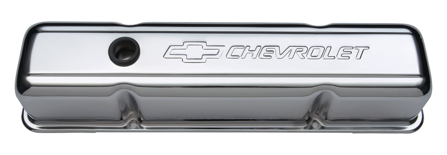 Chevrolet Performance Parts 141-103 Engine Valve Covers Stamped Steel Tall Chrome With Baffle Bowtie Logo Fits SB Chevy Embossed Chevrolet & Bowtie Logos Chevrolet Performance Parts - Truck Part Superstore