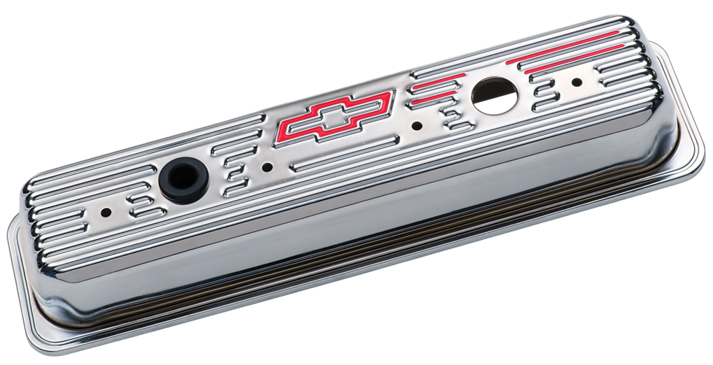 Chevrolet Performance Parts 141-105 Engine Valve Covers Center Bolt Style Steel Chrome Tall w/Bowtie Logo SB Chevy Embossed Red Bowtie Logo Chevrolet Performance Parts - Truck Part Superstore