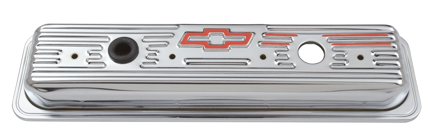 Chevrolet Performance Parts 141-107 Engine Valve Covers Center Bolt Style Steel Chrome Short With Baffle Bowtie Logo SB Chevy Embossed Red Bowtie Logo Chevrolet Performance Parts - Truck Part Superstore