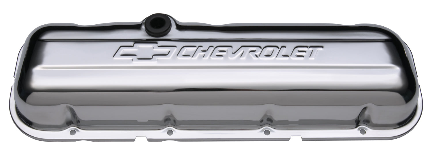 Chevrolet Performance Parts 141-114 Engine Valve Covers Stamped Steel Short Chrome w/ Bowtie Logo Fits BB Chevy Embossed Chevrolet & Bowtie Logos Chevrolet Performance Parts - Truck Part Superstore