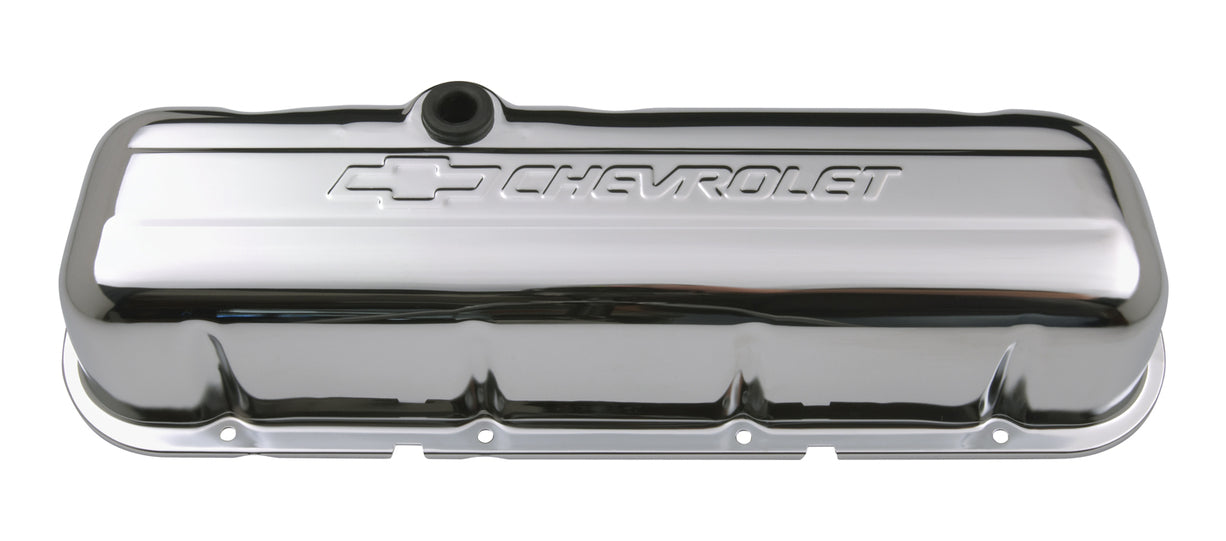 Chevrolet Performance Parts 141-115 Engine Valve Covers Stamped Steel Tall Chrome w/ Bowtie Logo Fits BB Chevy Embossed Chevrolet & Bowtie Logos Chevrolet Performance Parts - Truck Part Superstore