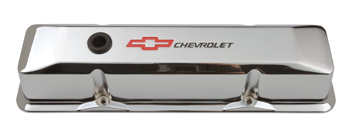 Chevrolet Performance Parts 141-117 Engine Valve Covers Tall Style Die Cast Chrome with Bowtie Logo For SB Chevy Recessed Black Chevrolet & Red Bowtie Logos Chevrolet Performance Parts - Truck Part Superstore