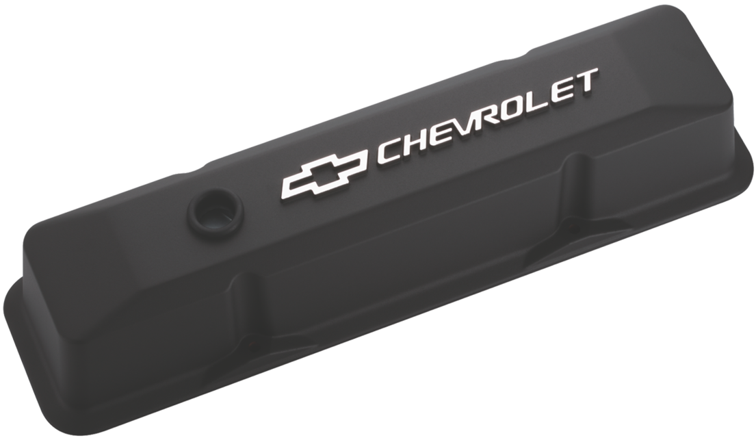 Chevrolet Performance Parts 141-119 Chevrolet & Bowtie Emblem Die-Cast Valve Covers Raised Emblem Black Crinkle Raised Chevrolet & Bowtie Logos Chevrolet Performance Parts - Truck Part Superstore