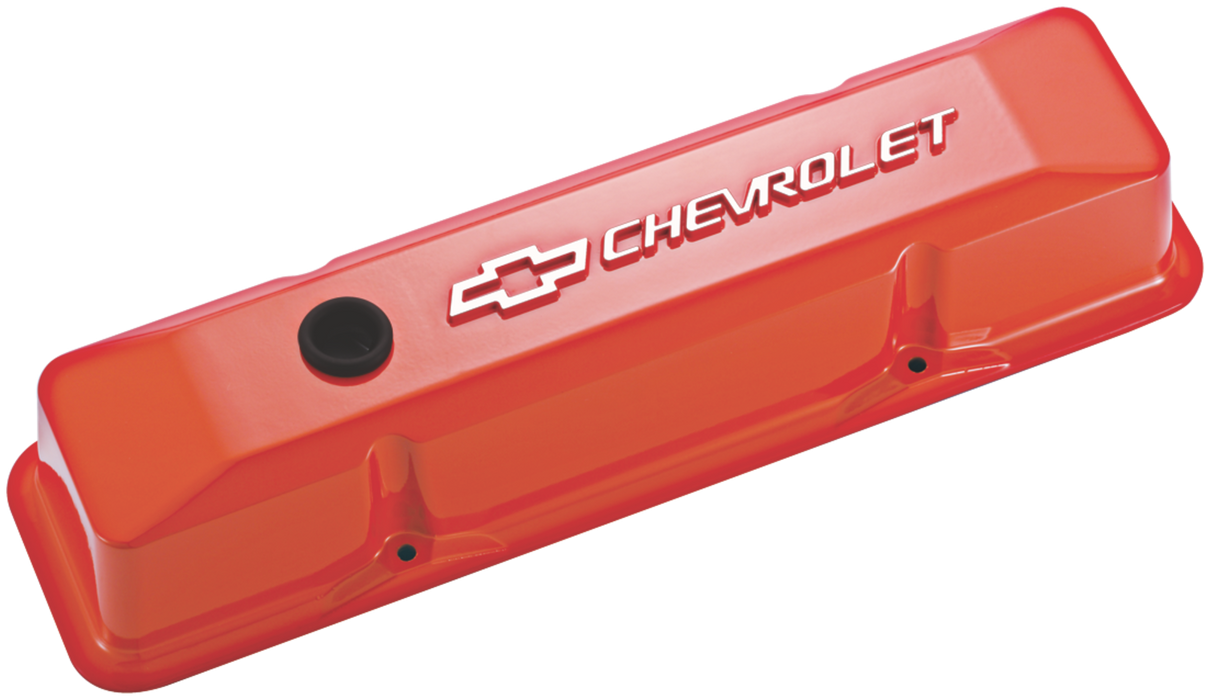 Chevrolet Performance Parts 141-120 Chevrolet & Bowtie Emblem Die-Cast Valve Covers Raised Emblem Orange Raised Chevrolet & Bowtie Logos Chevrolet Performance Parts - Truck Part Superstore