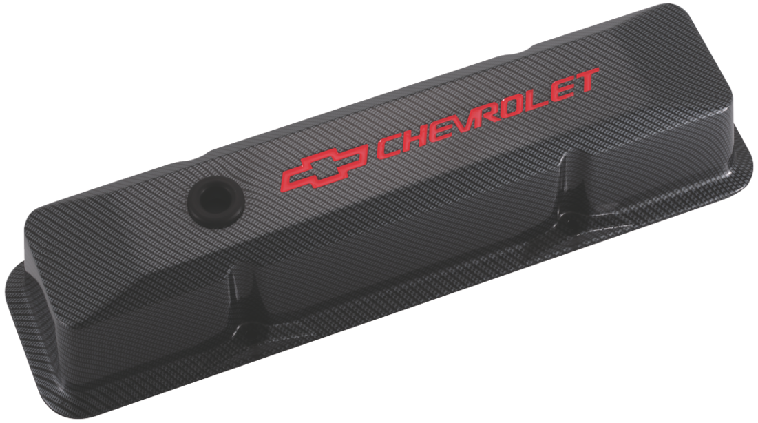 Chevrolet Performance Parts 141-121 Chevrolet & Bowtie Emblem Die-Cast Valve Covers Recessed Red Carbon Style Recessed Red Chevrolet & Bowtie Logos Chevrolet Performance Parts - Truck Part Superstore