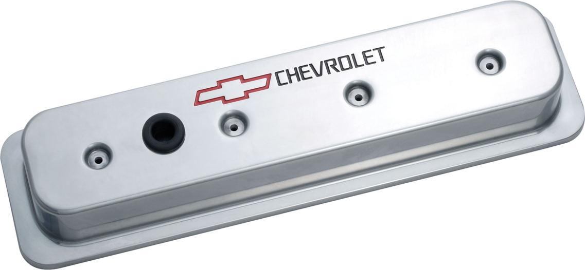 Chevrolet Performance Parts 141-130 Engine Valve Covers Center Bolt Style Die Cast Polish w/Bowtie Logo SB Chevy Recessed Black Chevrolet & Red Bowtie Logos Chevrolet Performance Parts - Truck Part Superstore