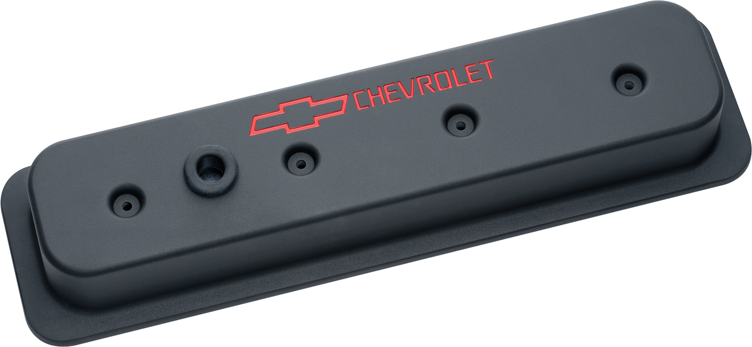 Chevrolet Performance Parts 141-131 Engine Valve Covers Center Bolt Style Die Cast Black w/ Bowtie Logo SB Chevy Recessed Red Chevrolet & Bowtie Logos Chevrolet Performance Parts - Truck Part Superstore
