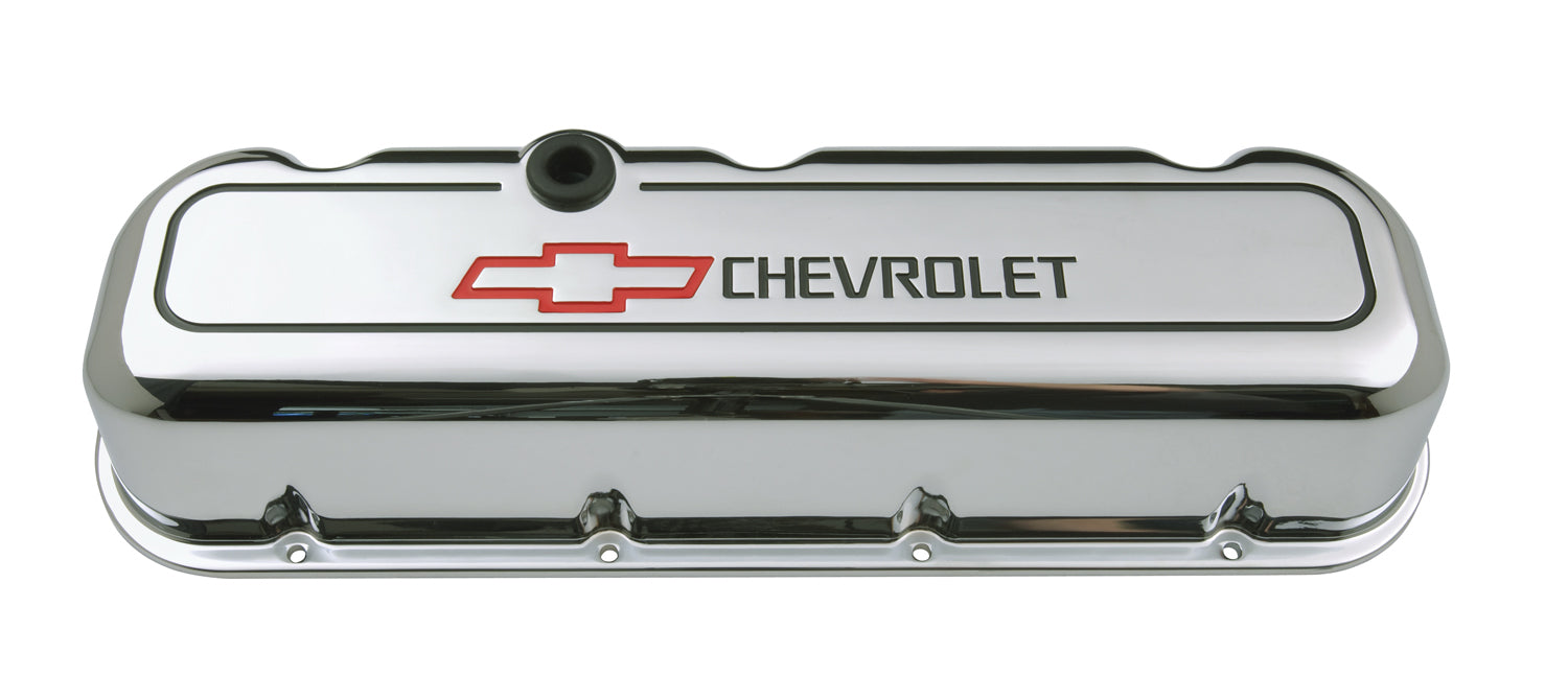 Chevrolet Performance Parts 141-140 Engine Valve Covers Tall Style Die Cast Chrome with Bowtie Logo BB Chevy Recessed Black Chevrolet & Red Bowtie Logos Chevrolet Performance Parts - Truck Part Superstore