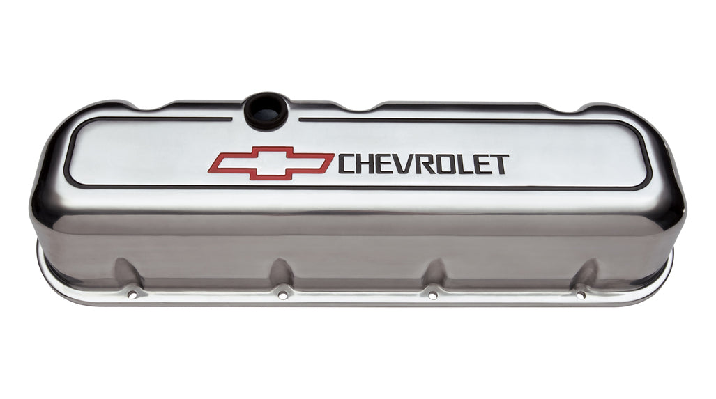 Chevrolet Performance Parts 141-142 Engine Valve Covers Tall Style Die Cast Polished with Bowtie Logo BB Chevy Recessed Black Chevrolet & Red Bowtie Logos Chevrolet Performance Parts - Truck Part Superstore