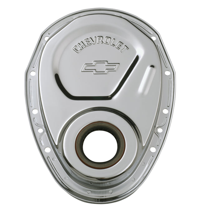 Chevrolet Performance Parts 141-215 Timing Chain Cover Chrome Steel With Chevy and Bowtie Logo SB Chevy 69-91 Chevrolet Performance Parts - Truck Part Superstore