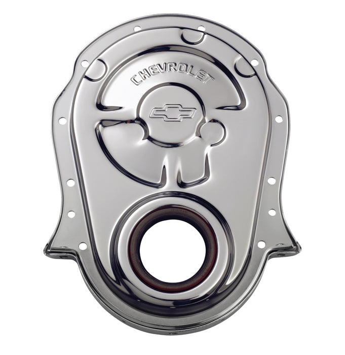 Chevrolet Performance Parts 141-216 Engine Timing Chain Cover Chrome Steel w/ Chevy and Bowtie Logo For BB Chevy Chevrolet Performance Parts - Truck Part Superstore