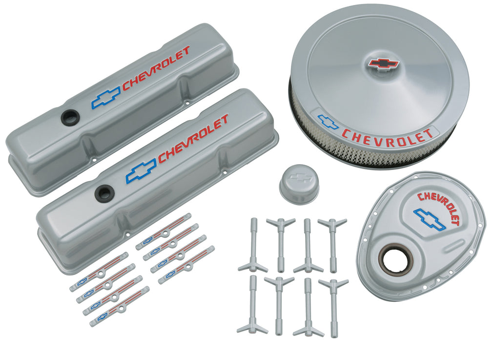Chevrolet Performance Parts 141-360 Engine Dress-Up Kit Gray w/Blue Bowtie Logo Fits SB Block Chevy Engines Tall Powdercoat Chevrolet Performance Parts - Truck Part Superstore