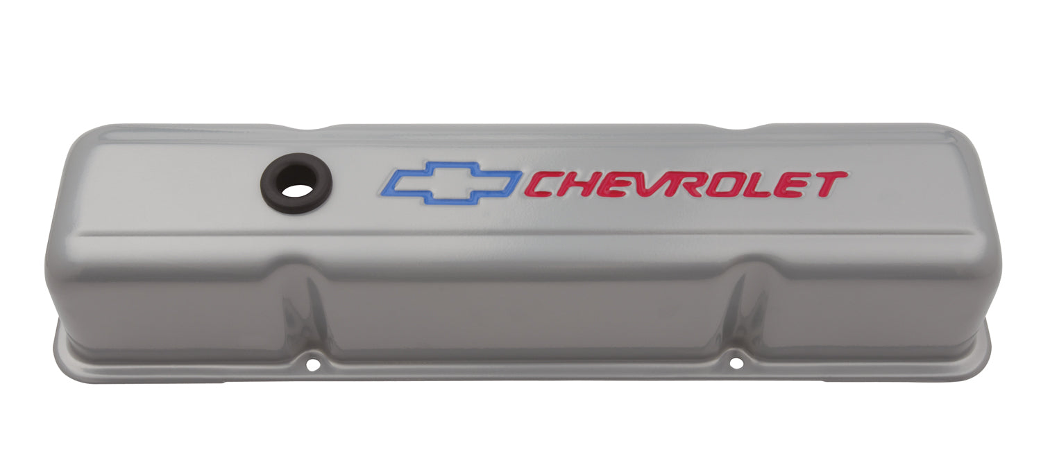 Chevrolet Performance Parts 141-361 Engine Valve Covers Tall Style Die Cast Gray with Bowtie Logo For SB Chevy Red Chevrolet & Blue Bowtie Logos Chevrolet Performance Parts - Truck Part Superstore