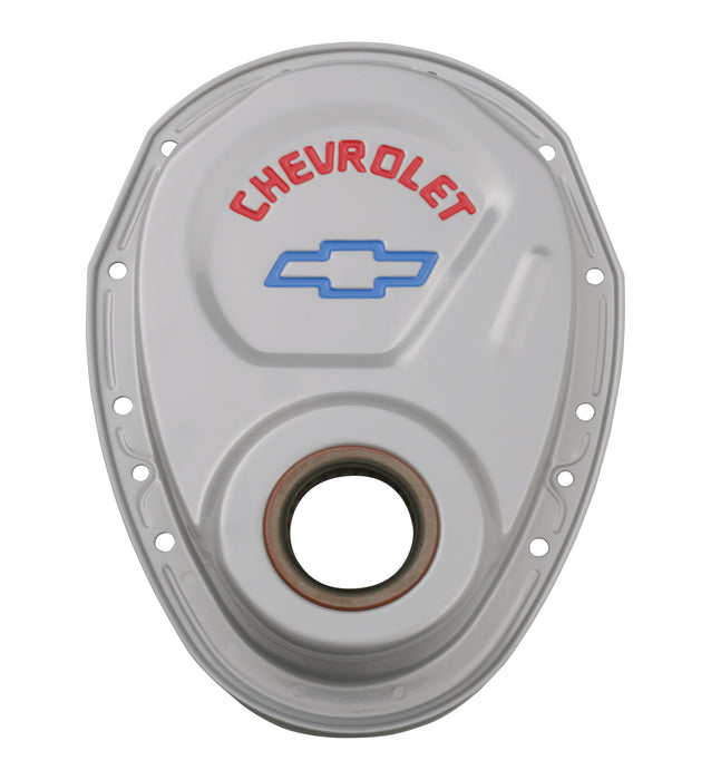 Chevrolet Performance Parts 141-363 Timing Chain Cover Gray Steel With Chevy and Bowtie Logo For SB Chevy 69-91 Chevrolet Performance Parts - Truck Part Superstore