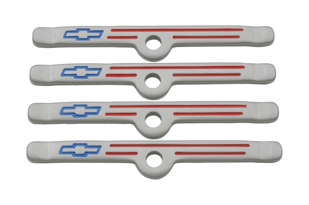 Chevrolet Performance Parts 141-366 Engine Valve Cover Holdown Clamps Gray with Blue Bowtie Logo SB Chevy 4 Pcs Red Lines & Blue Bowties Chevrolet Performance Parts - Truck Part Superstore