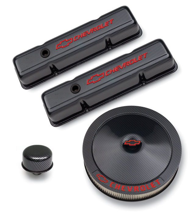 Chevrolet Performance Parts 141-710 Engine Dress-Up Kit Black Carbon Finish Red Bowtie Red Letters For SB Chevy Tall Wrap Chevrolet Performance Parts - Truck Part Superstore