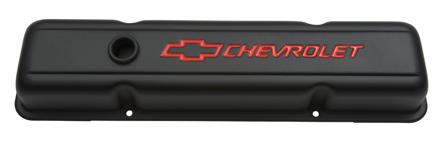 Chevrolet Performance Parts 141-750 Engine Valve Covers Stamped Steel Short Black w/ Bowtie Logo Fits SB Chevy Embossed Red Chevrolet & Bowtie Logos Chevrolet Performance Parts - Truck Part Superstore