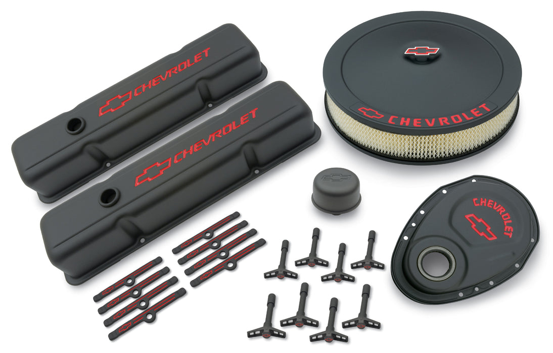 Chevrolet Performance Parts 141-758 Engine Dress-Up Kit Black Crinkle Finish Red Bowtie Red Letters For SB Chevy Tall Painted Chevrolet Performance Parts - Truck Part Superstore