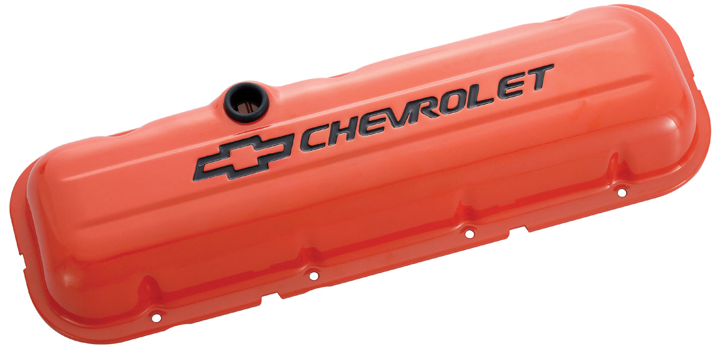 Chevrolet Performance Parts 141-789 Engine Valve Covers Stamped Steel Short Orange w/ Bowtie Logo Fits BB Chevy Black Chevrolet & Bowtie Logos Chevrolet Performance Parts - Truck Part Superstore