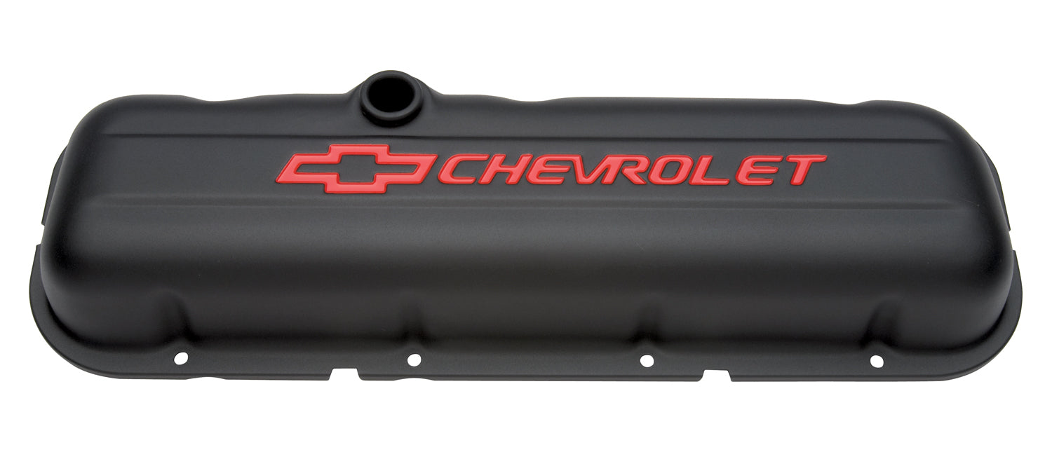 Chevrolet Performance Parts 141-810 Engine Valve Covers Stamped Steel Short Black w/ Bowtie Logo Fits BB Chevy Embossed Red Chevrolet & Bowtie Logos Chevrolet Performance Parts - Truck Part Superstore