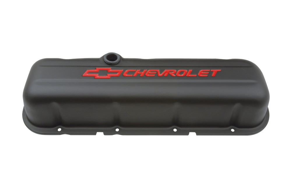 Chevrolet Performance Parts 141-811 Engine Valve Covers Stamped Steel Tall Black w/ Bowtie Logo Fits BB Chevy Embossed Red Chevrolet & Bowtie Logos Chevrolet Performance Parts - Truck Part Superstore