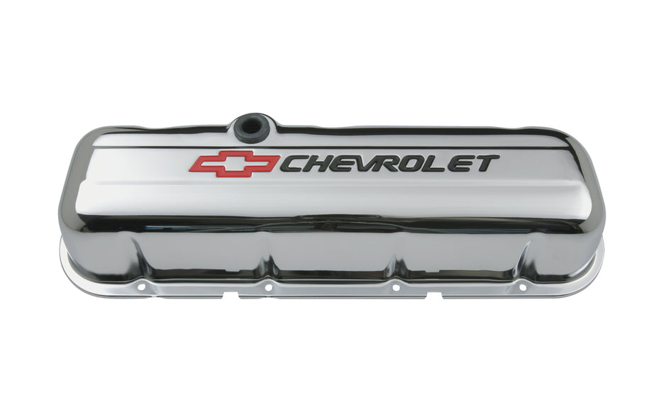 Chevrolet Performance Parts 141-813 Engine Valve Covers Stamped Steel Tall Chrome w/ Bowtie Logo Fits BB Chevy Embossed Black Chevrolet & Red Bowtie Logos Chevrolet Performance Parts - Truck Part Superstore