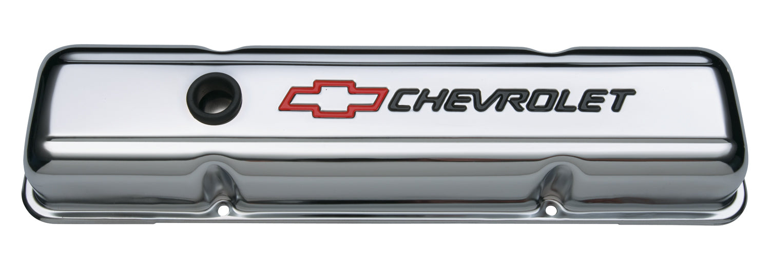 Chevrolet Performance Parts 141-899 Engine Valve Covers Stamped Steel Short Chrome w/ Bowtie Logo Fits SB Chevy Embossed Black Chevrolet & Red Bowtie Logos Chevrolet Performance Parts - Truck Part Superstore