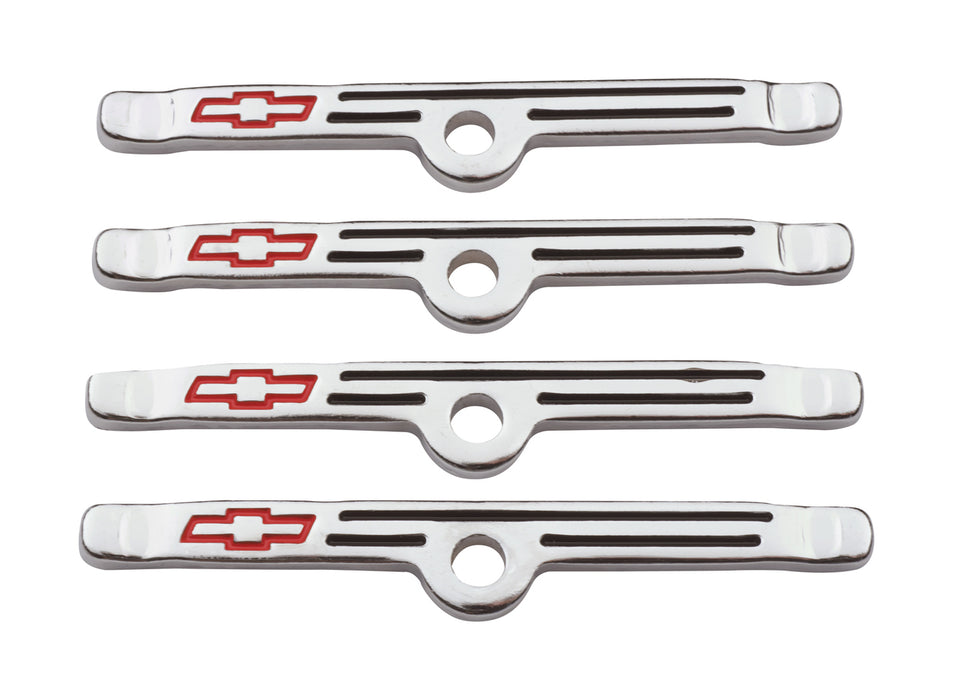 Chevrolet Performance Parts 141-903 Engine Valve Cover Holdown Clamps Chrome with Red Bowtie Logo SB Chevy 4 Pcs Black Lines & Red Bowties Chevrolet Performance Parts - Truck Part Superstore