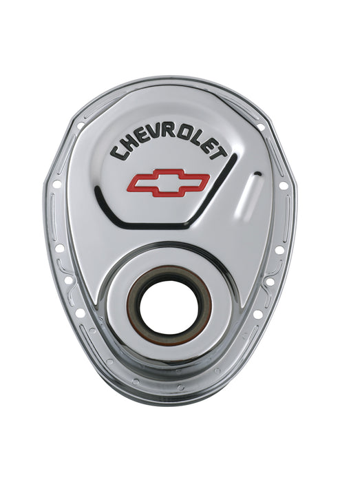 Chevrolet Performance Parts 141-904 Timing Chain Cover Chrome Steel With Chevy and Bowtie Logo Red SB Chevy 69-91 Chevrolet Performance Parts - Truck Part Superstore